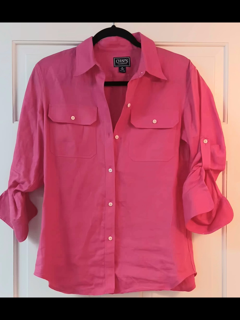 100% Linen Chaps Women's Bright Pink Button-Down Shirt with Roll-Tab Sleeves